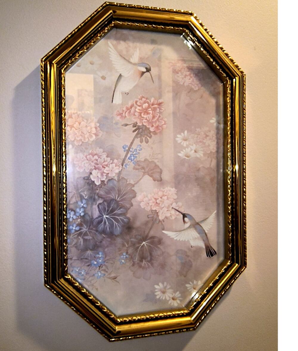 1985.  Framed Wall Art Home Interiors Hummingbirds Flowers by Margie Morrow